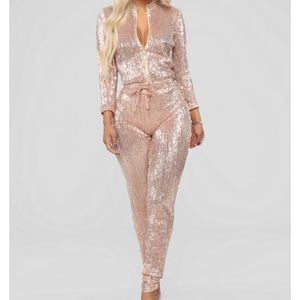 FASHION NOVA Sequin Jumpsuit - Rose Gold L